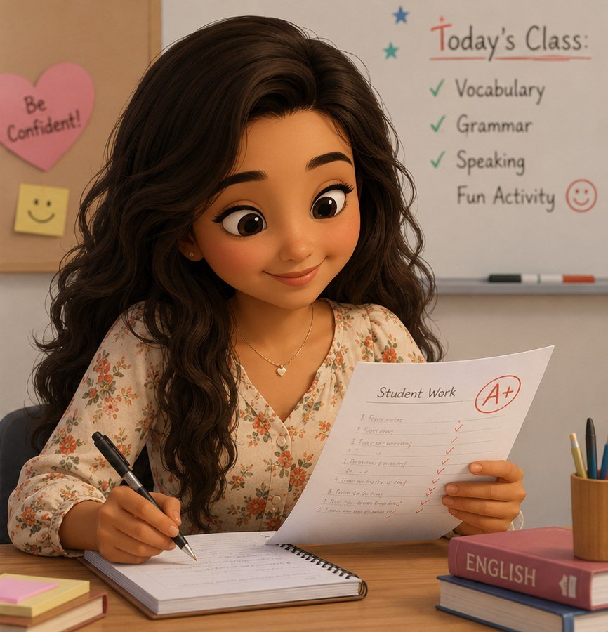Teacher María revisando el trabajo de un estudiante con una A+