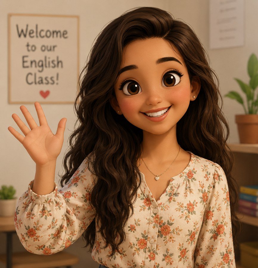Teacher María saludando bajo el cartel Welcome to our English Class